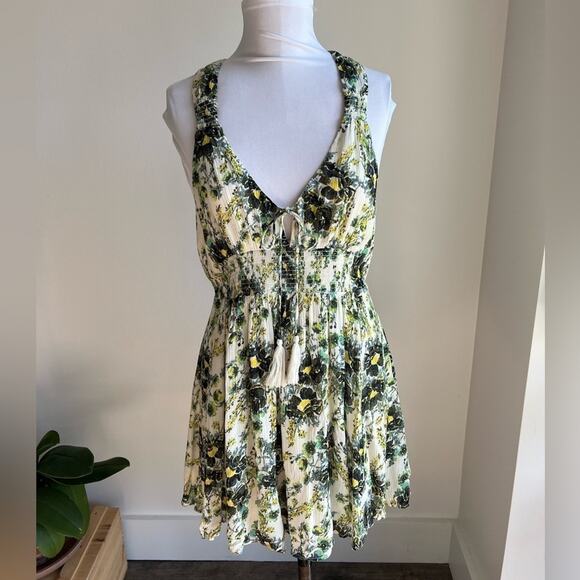 FREE PEOPLE WASHED ASHORE FLORAL PRINT DRESS IVORY GREEN SIZE MEDIUM - Picture 3 of 8